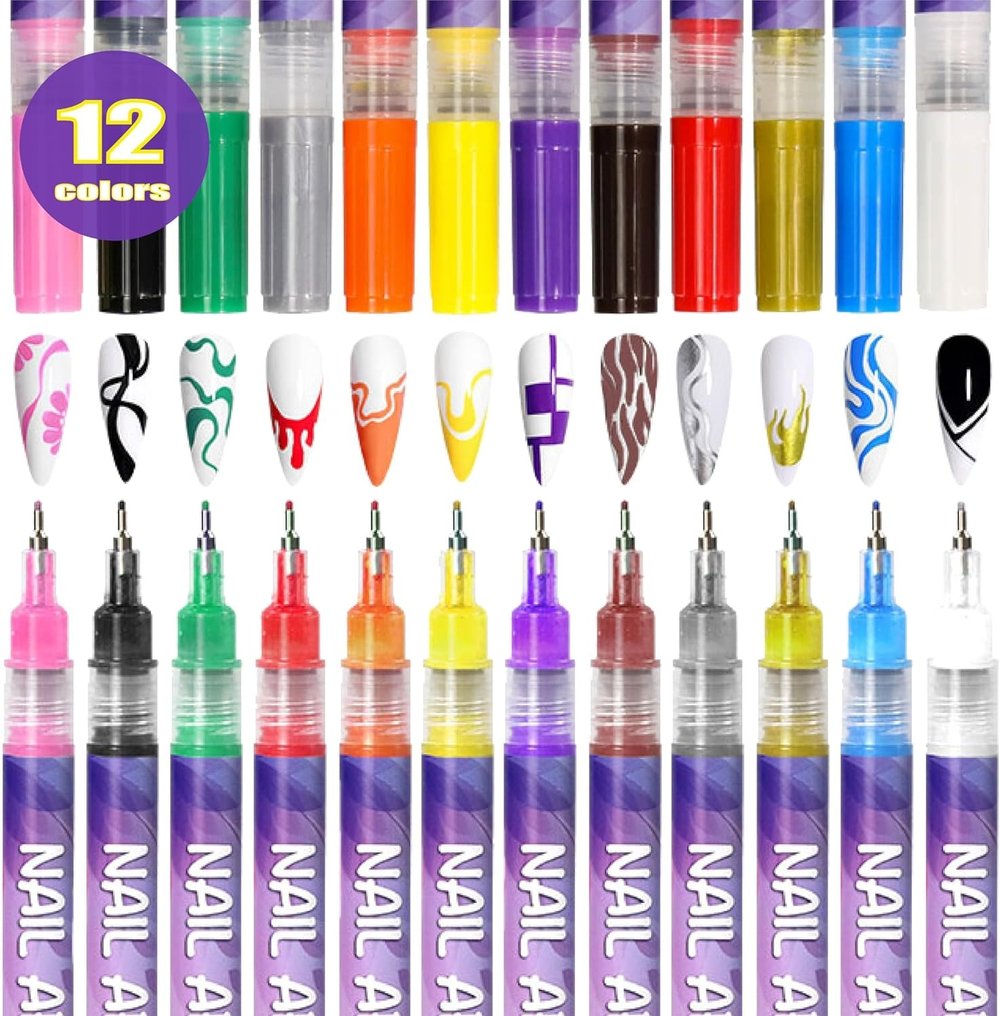 12 Colors Nail Art Pens — Acrylic Nail Design Set with Fine Tip