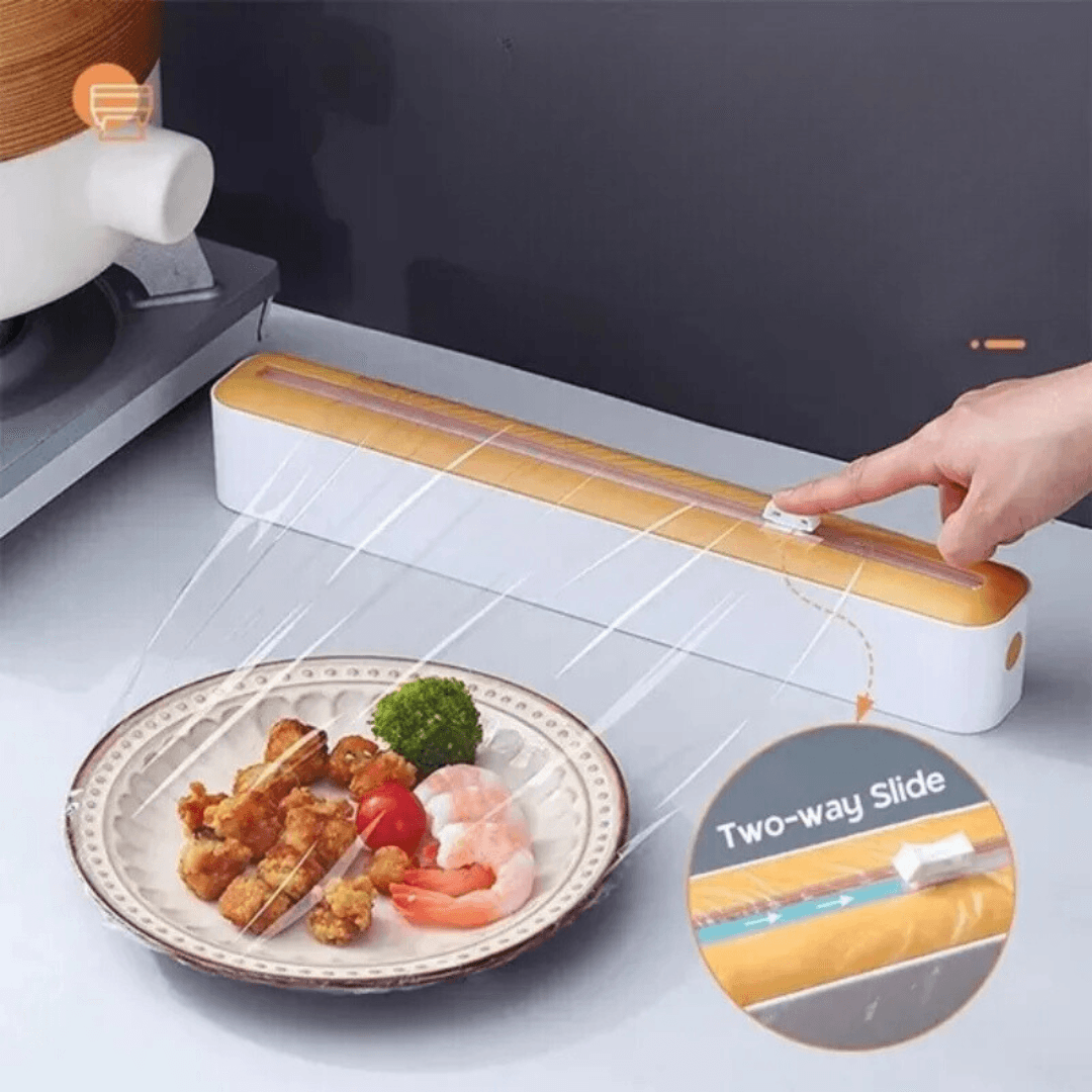 Film dispenser with knife for easy cutting of food and aluminum foil