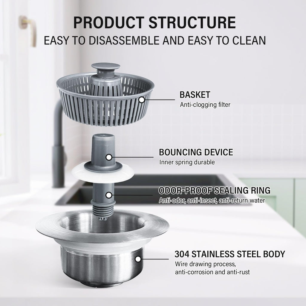 Sink Drain Strainer with Bounce Stopper and Odor Filter