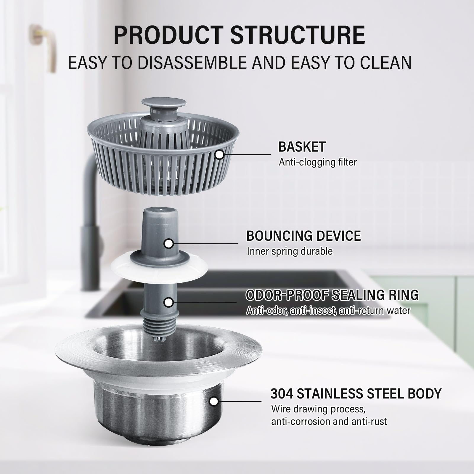 Sink Drain Strainer with Bounce Stopper and Odor Filter