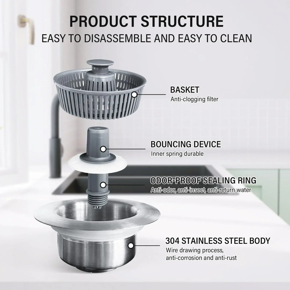 Kitchen Sink Drain Strainer and Stopper with 304 Stainless Steel Basket