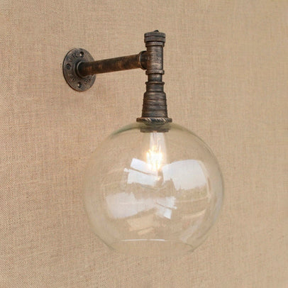 Iron bronze wall lamp fixture pipe 1 head antique style wall mount light with global glass shade, 8"/12" wide