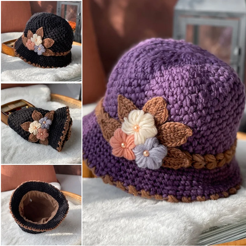 French Thick Women's Flower Knit Wool Hat