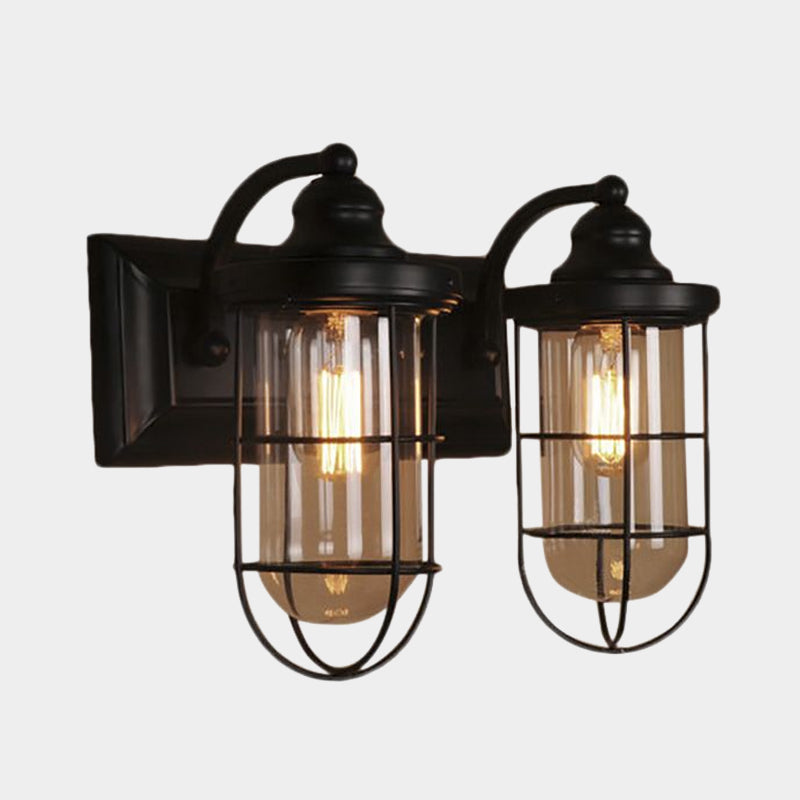 Industrial wire cage wall lighting 1/2-lamp clear glass wall lamp in black for stairs.