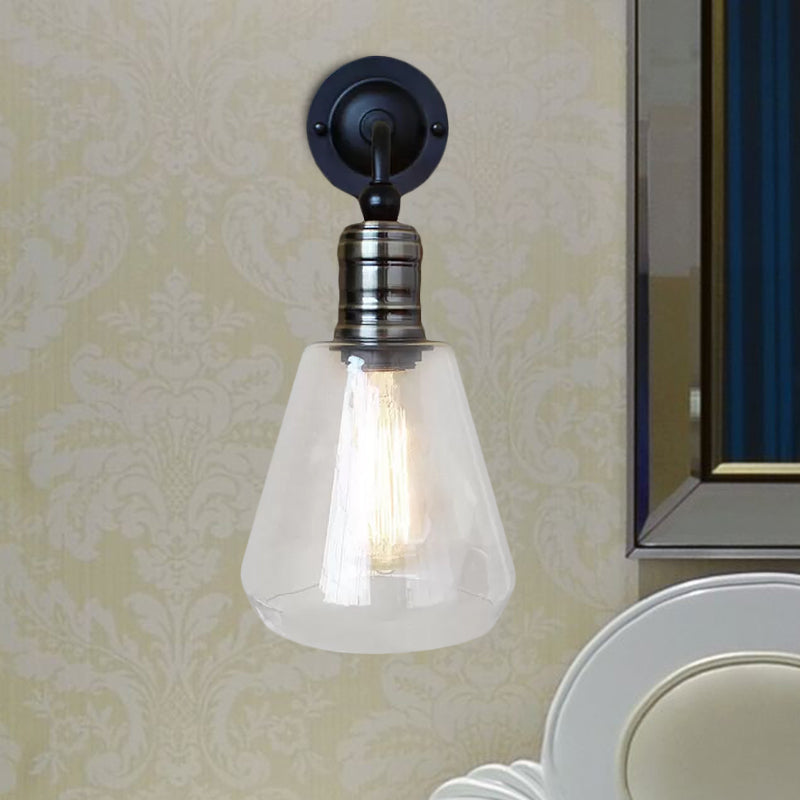 Rustic Style Tapered Shade Wall Lighting Fixture Single Gloss Clear Glass Wall Lamp in Black for Kitchen