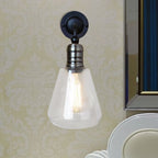 Rustic Style Tapered Shade Wall Lighting Fixture Single Gloss Clear Glass Wall Lamp in Black for Kitchen