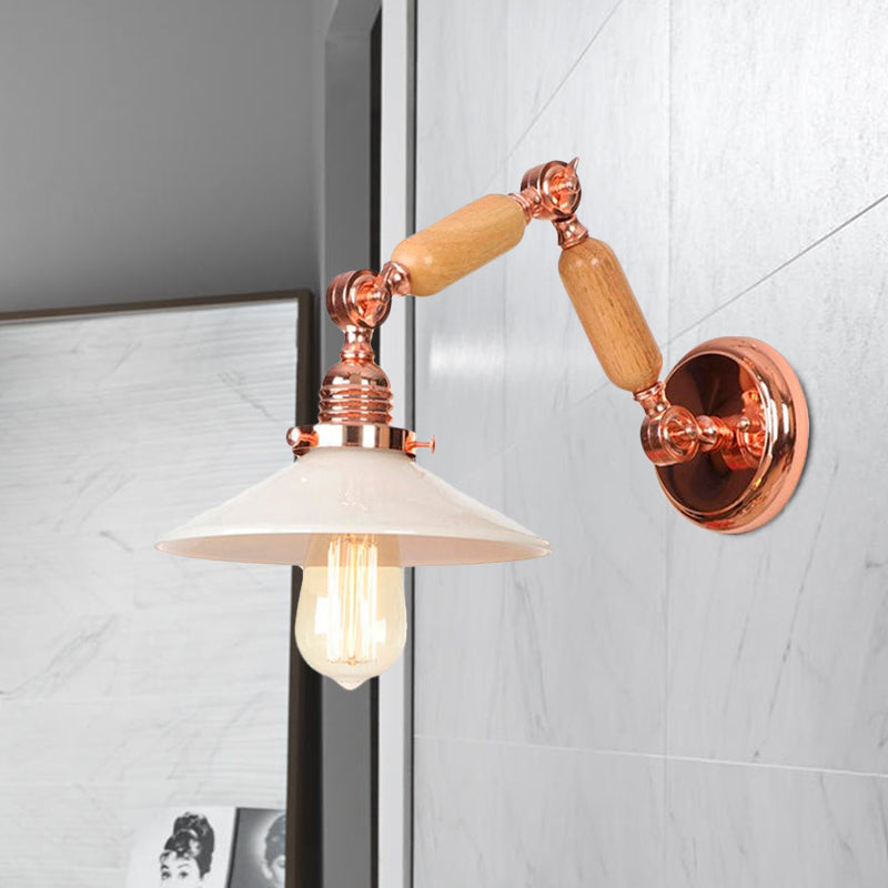 White glass conical wall lamp industrial 1 light living room lighting fixture with retractable arm