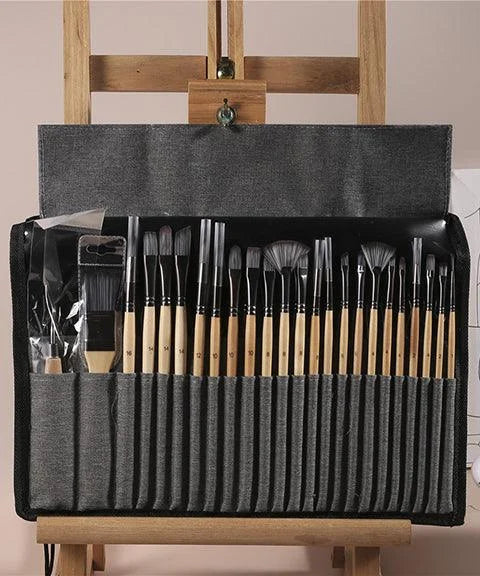 Professional Art Brushes with Natural Wood Handles Set of 24