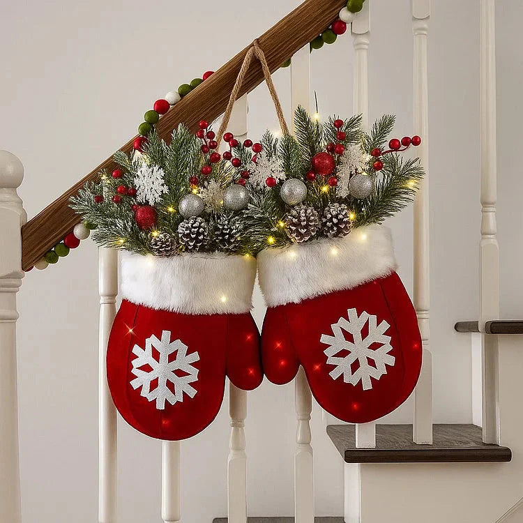 Pre-lit Christmas wreath in mitten shape – 120 LEDs with timer function