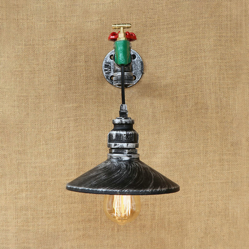 Steampunk Wall Lamp with Conical Shade 1 Lamp Cast Iron Wall Light in Aged Silver