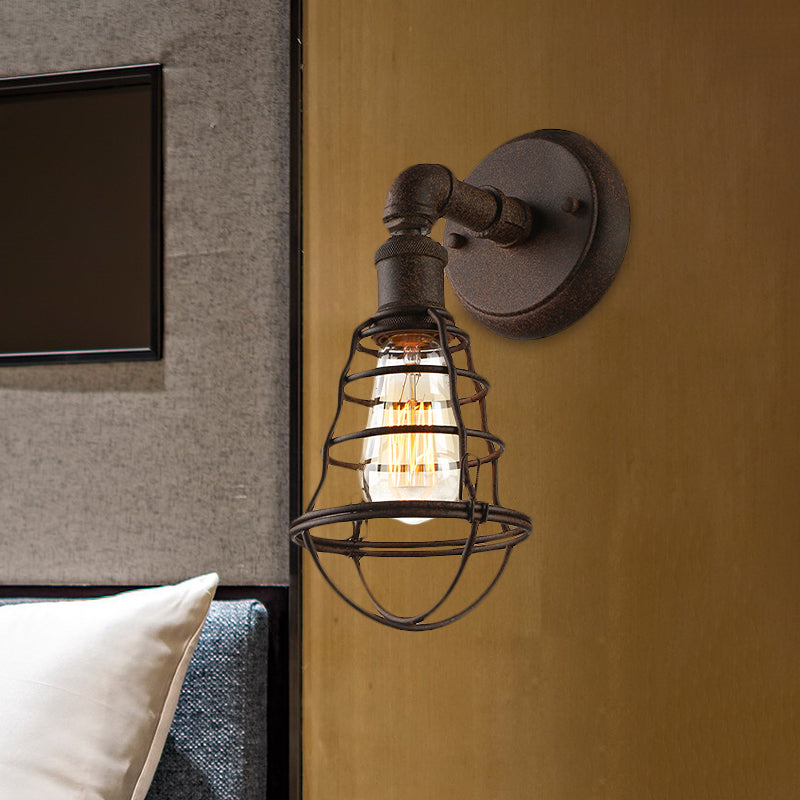 Wire Frame Iron Wall Lamp with Pipe Farmhouse 1 Head Dining Room Mini Wall Lamp in Rust