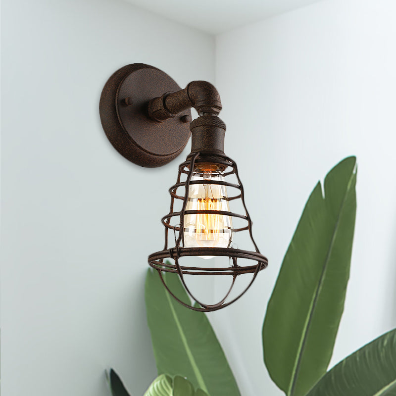 Wire Frame Iron Wall Lamp with Pipe Farmhouse 1 Head Dining Room Mini Wall Lamp in Rust