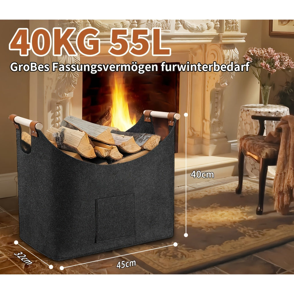 Felt log basket FELDURA | Collapsible | 55L volume | With wooden handles & leather details | Dark gray