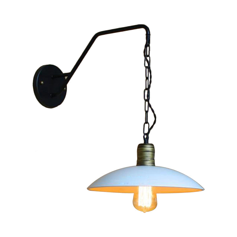 Vintage Plate Shade Wall Lighting 1 Bulb Metallic Wall Lamp with Chain in White for Bedroom
