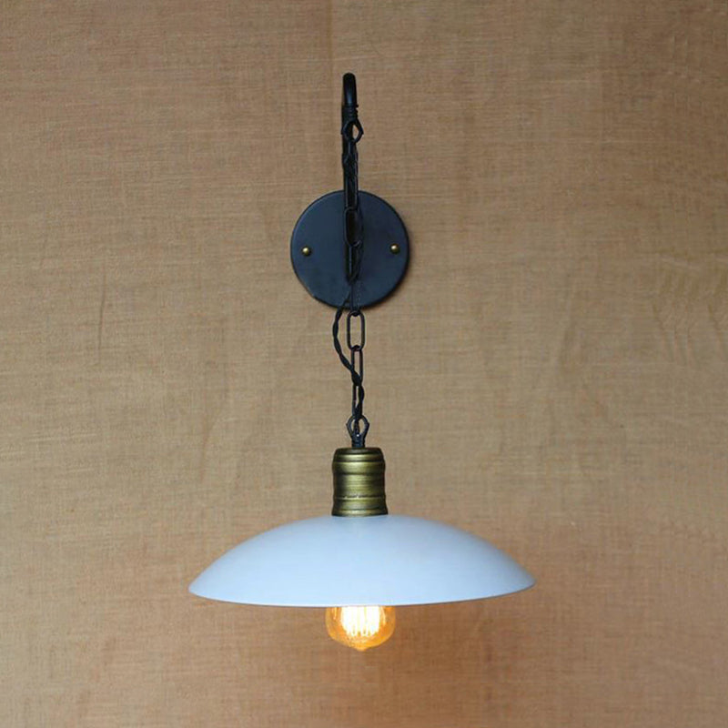 Vintage Plate Shade Wall Lighting 1 Bulb Metallic Wall Lamp with Chain in White for Bedroom