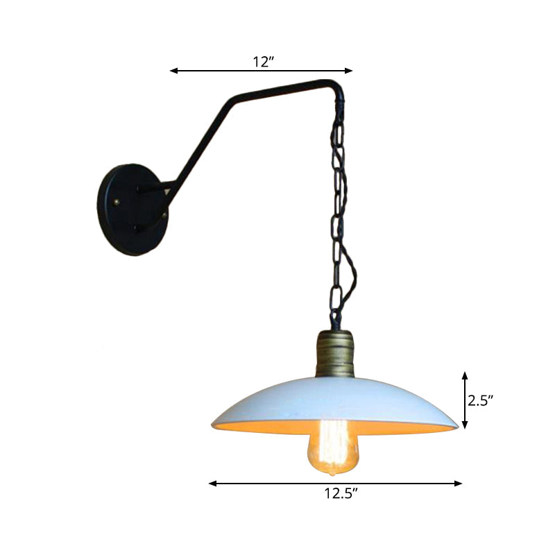 Vintage Plate Shade Wall Lighting 1 Bulb Metallic Wall Lamp with Chain in White for Bedroom