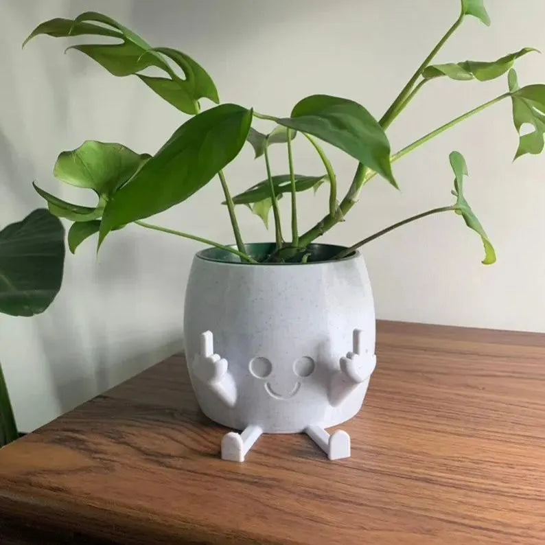 Smiling Plant Pot with Middle Fingers Up