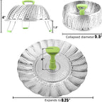 Adjustable steam cooker made of stainless steel – Foldable basket for healthy cooking
