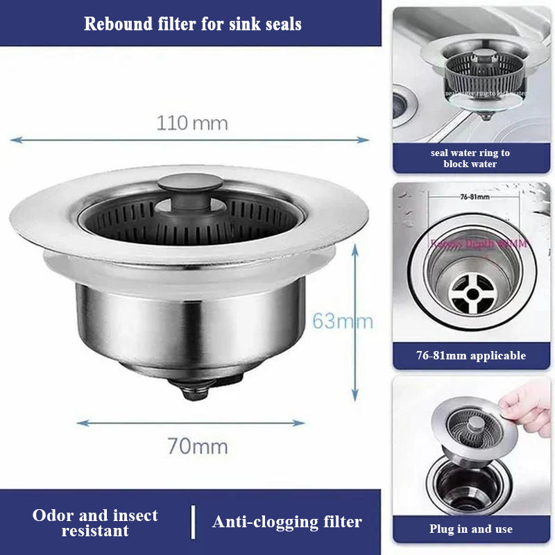 3-in-1 Sink Drain Strainer with Anti-Clogging and Odor Control