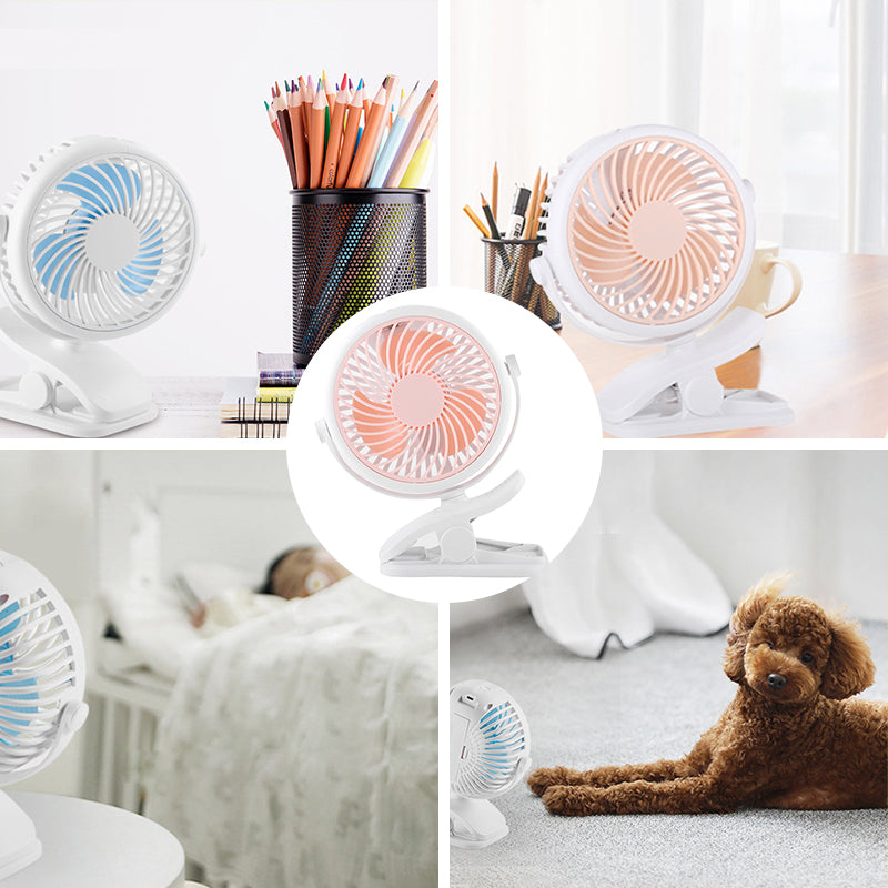 Portable Clamp Fan with 360° Rotation – USB & Rechargeable Battery
