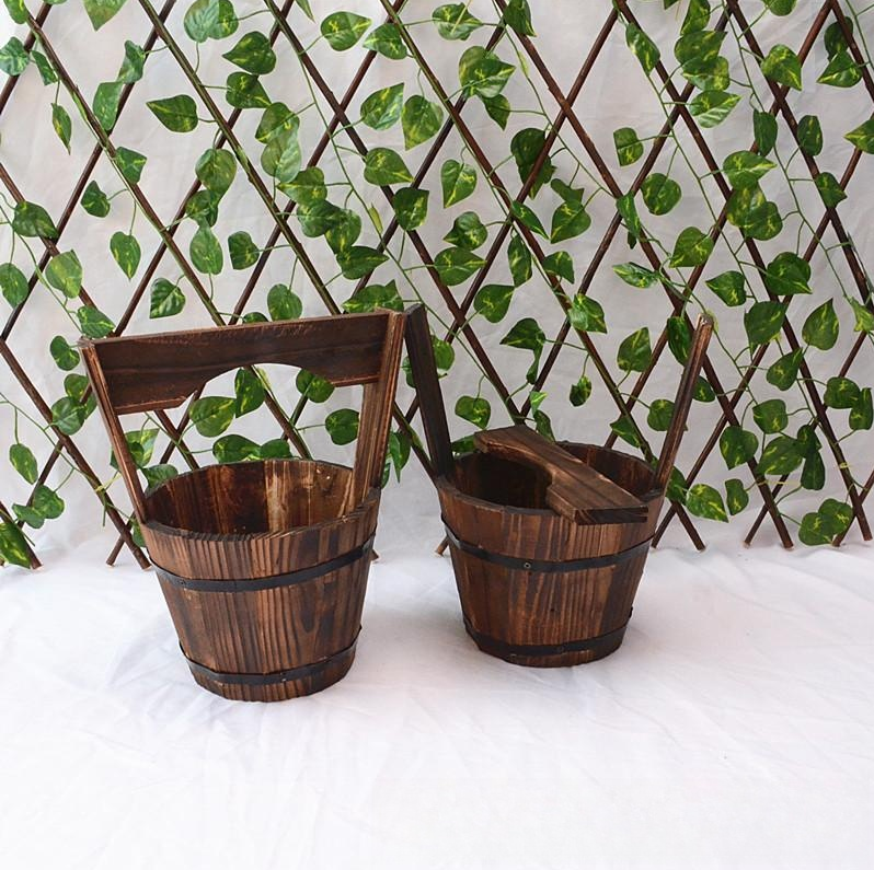 Wooden Bucket Planter in Barrel Design for Garden and Terrace – Decorative Flower Pots made of Wood