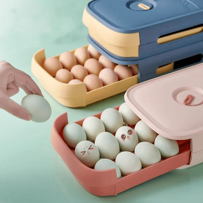 Practical fridge drawer for 18-20 eggs with freshness indicator