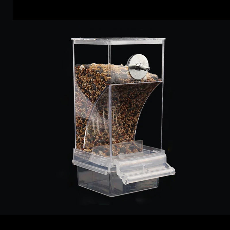 Automatic transparent bird feeder without spills
