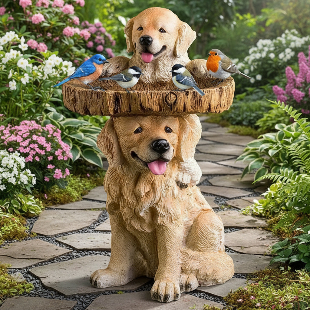 Golden Retriever Puppy Bird Bath Garden Statue