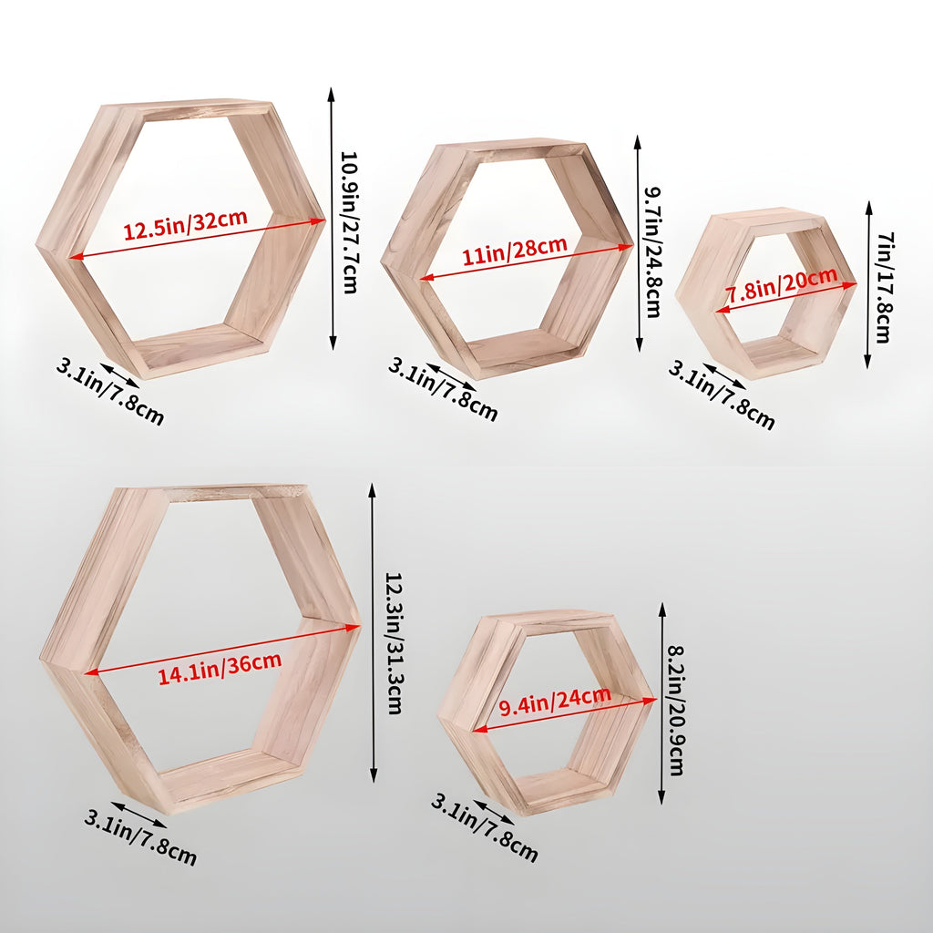 Wall shelf set HexaWood | 5-piece | Hexagon design | Rustic wood look