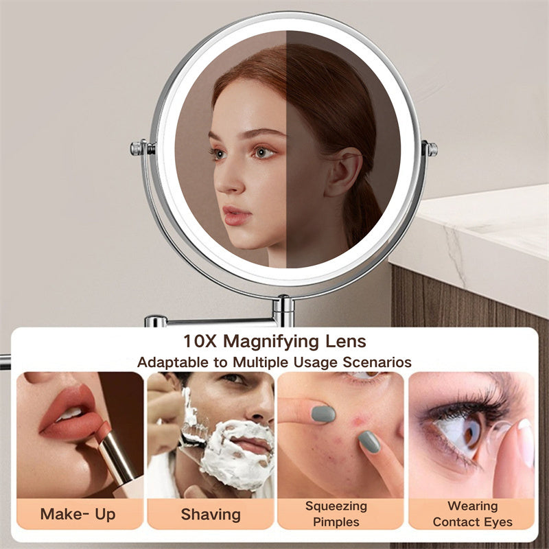Rechargeable wall-mounted shaving mirror | 360° rotation. 1X/10X magnification and adjustable LED lighting for use in the bathroom