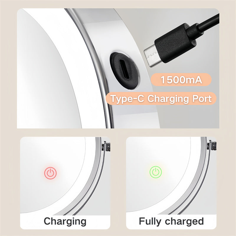 Rechargeable wall-mounted shaving mirror | 360° rotation. 1X/10X magnification and adjustable LED lighting for use in the bathroom