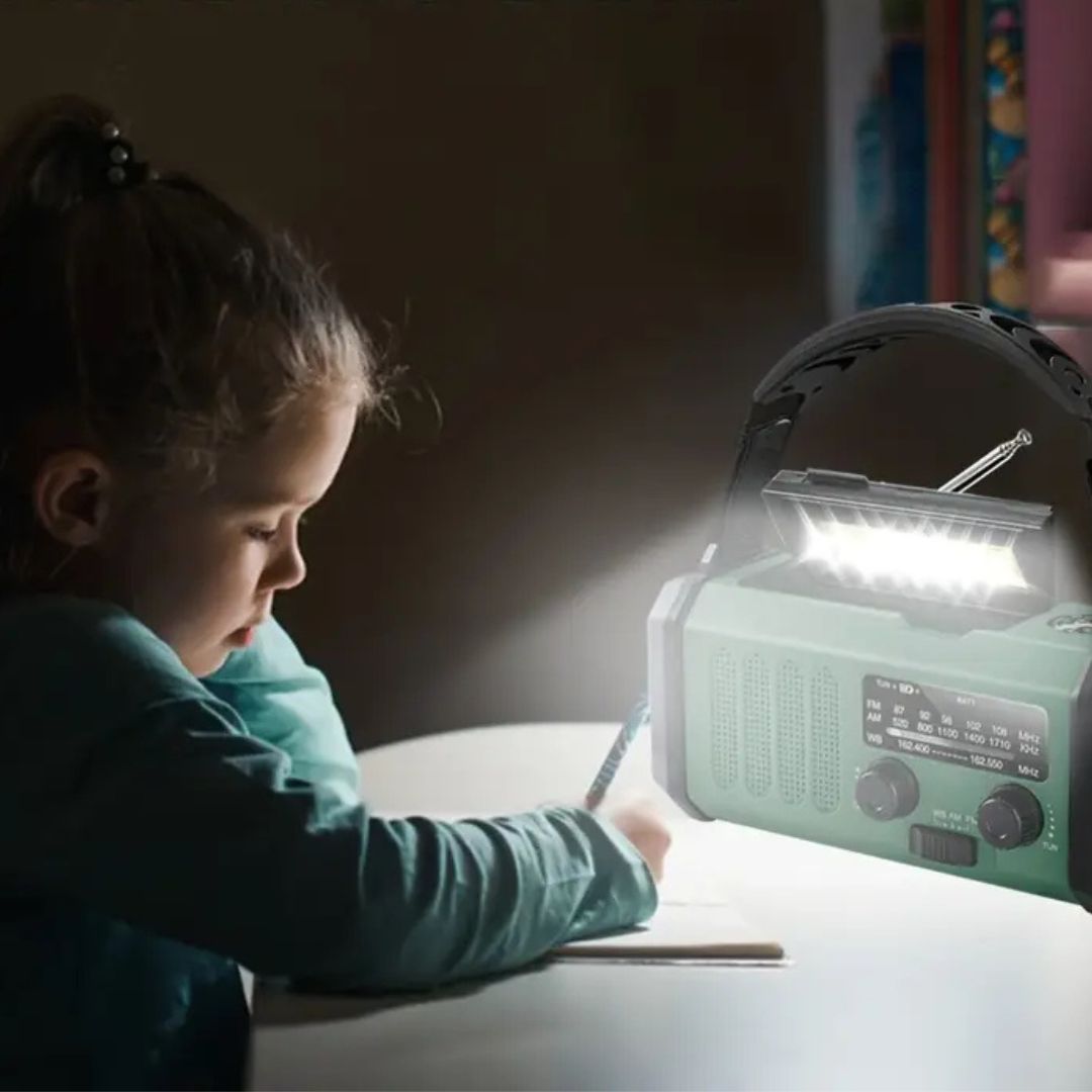 Solar emergency radio with power bank – crank radio with LED flashlight for camping & outdoor