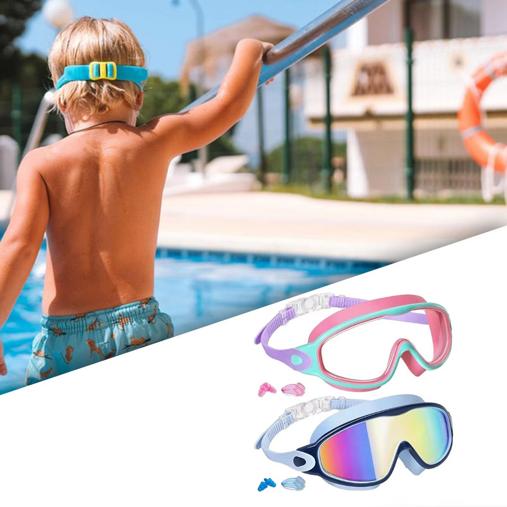 Swimming Goggles - No-Leak Panoramic View Swim Mask for Kids with Nose Clips & Earplugs