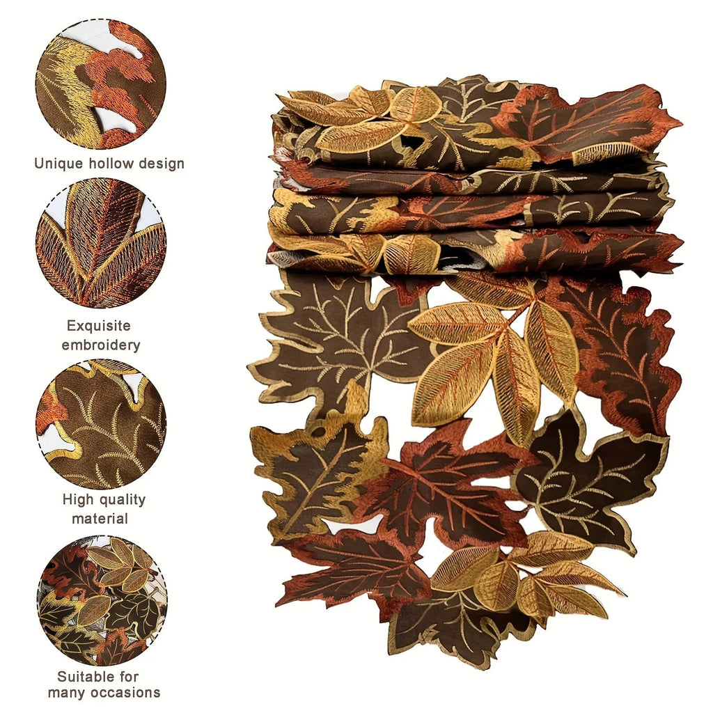 HarvestLeaf Table Runner | Embroidered Maple Leaf Design | Autumn Decor in Country Style