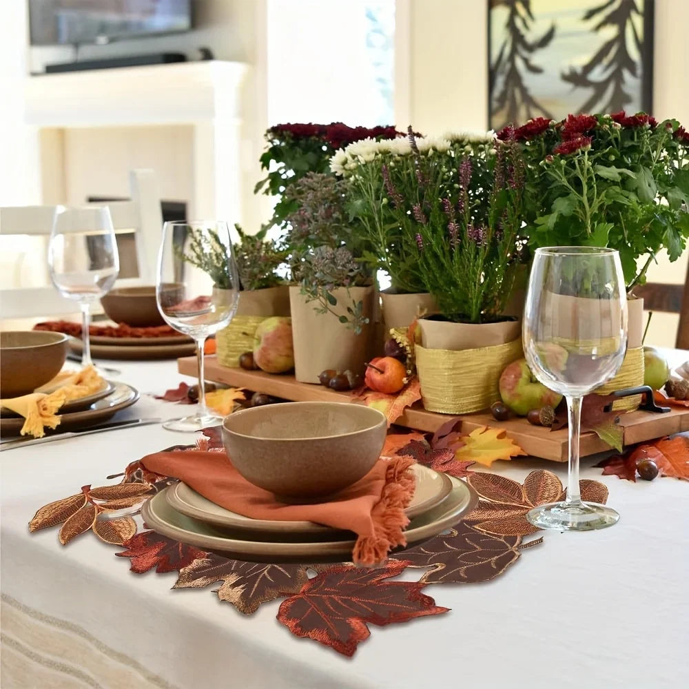 HarvestLeaf Table Runner | Embroidered Maple Leaf Design | Autumn Decor in Country Style