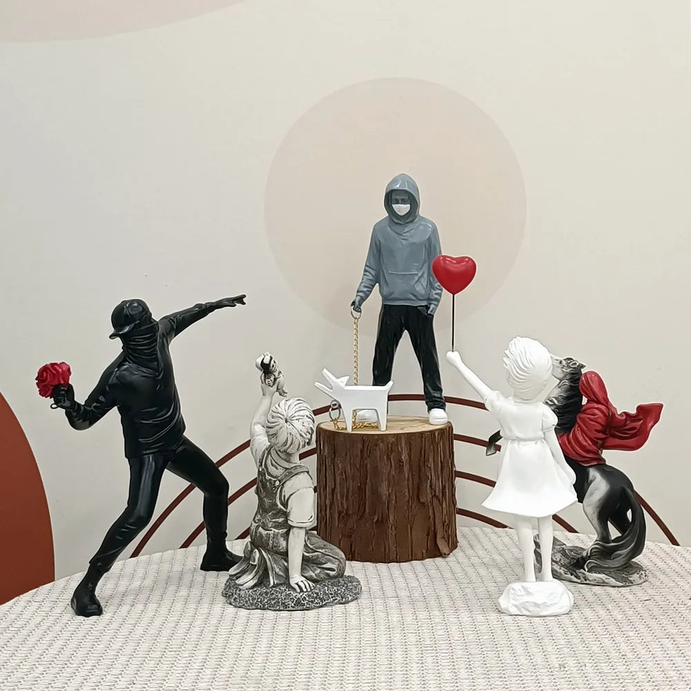 Dropshipping Banksy Sculpture Collection Flower Thrower Statue Pop Art Modern Balloon Girl Figurine Office Home Decoration