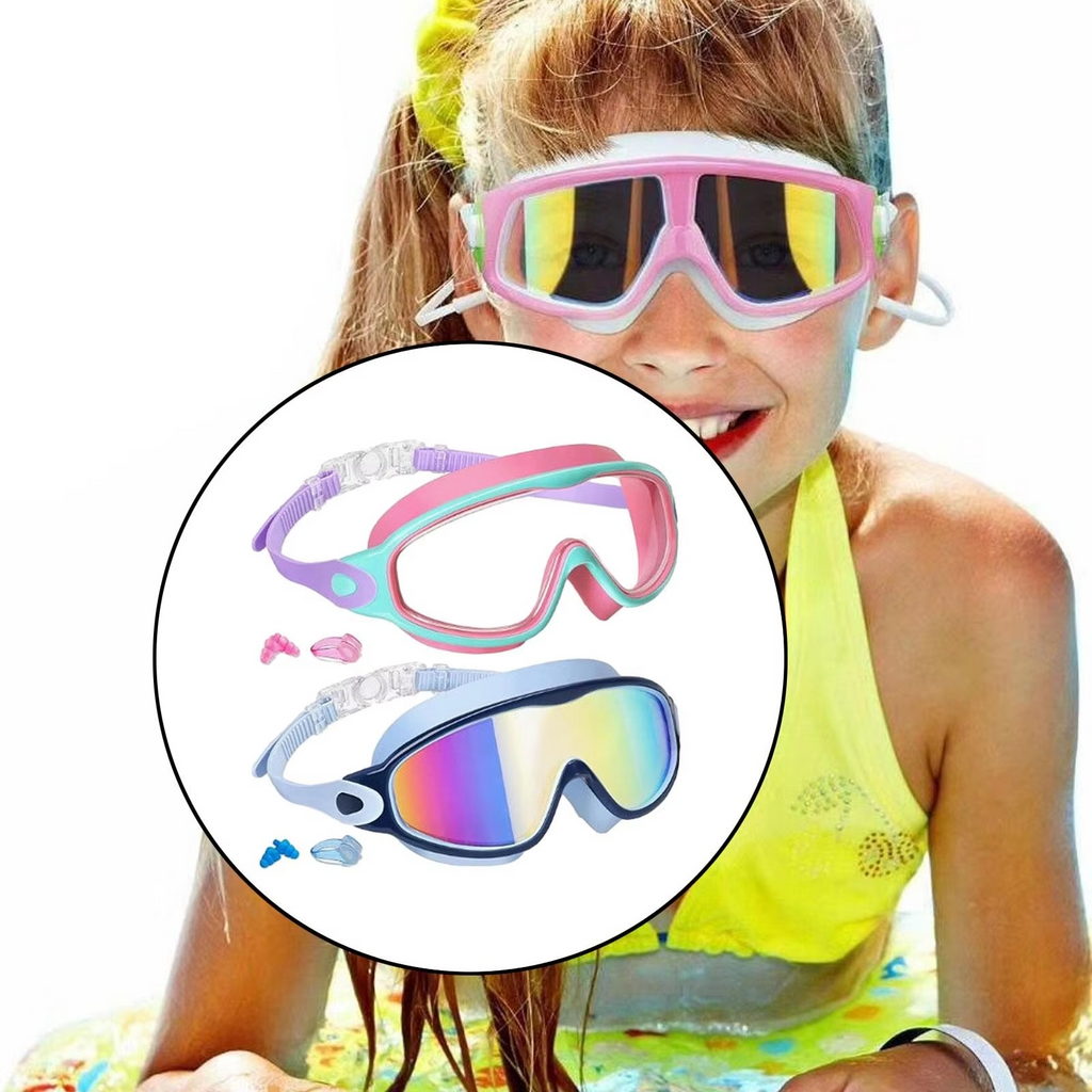 Swimming Goggles - No-Leak Panoramic View Swim Mask for Kids with Nose Clips & Earplugs