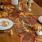 HarvestLeaf Table Runner | Embroidered Maple Leaf Design | Autumn Decor in Country Style