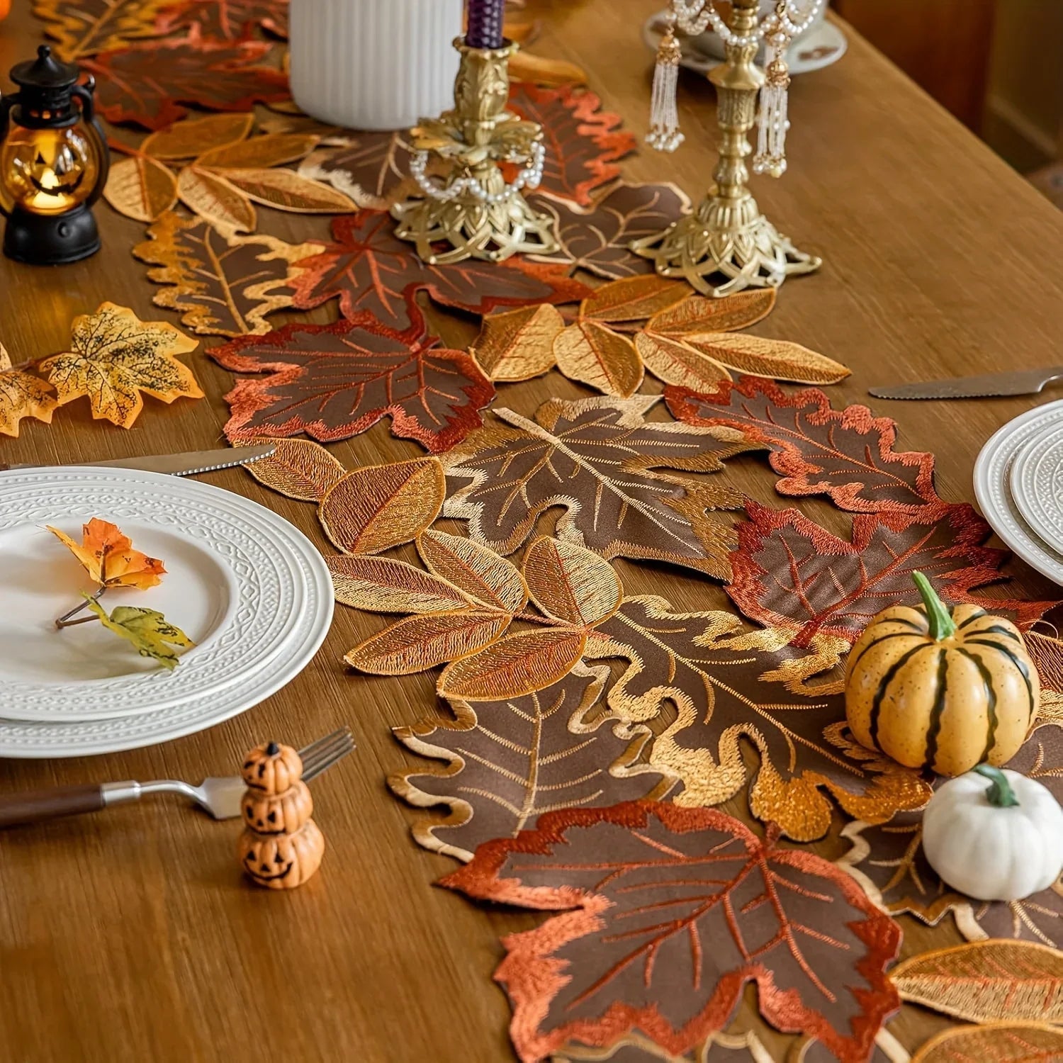 HarvestLeaf Table Runner | Embroidered Maple Leaf Design | Autumn Decor in Country Style