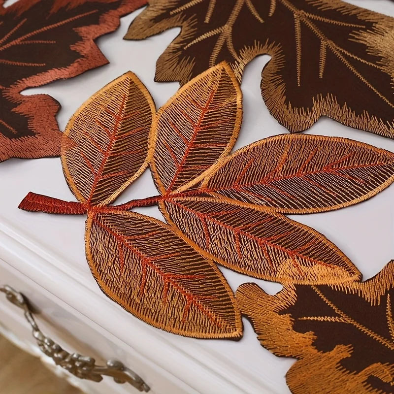 HarvestLeaf Table Runner | Embroidered Maple Leaf Design | Autumn Decor in Country Style