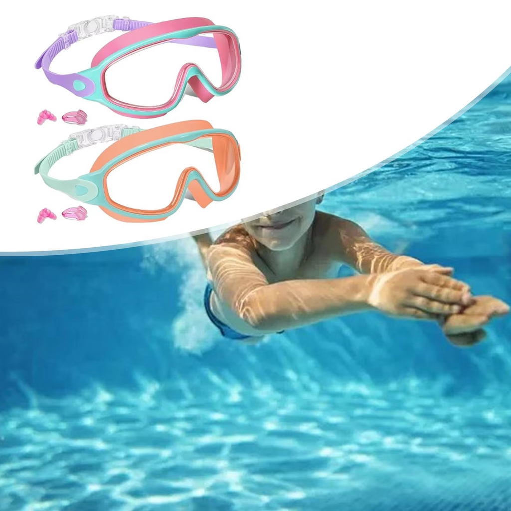 Swimming Goggles - No-Leak Panoramic View Swim Mask for Kids with Nose Clips & Earplugs