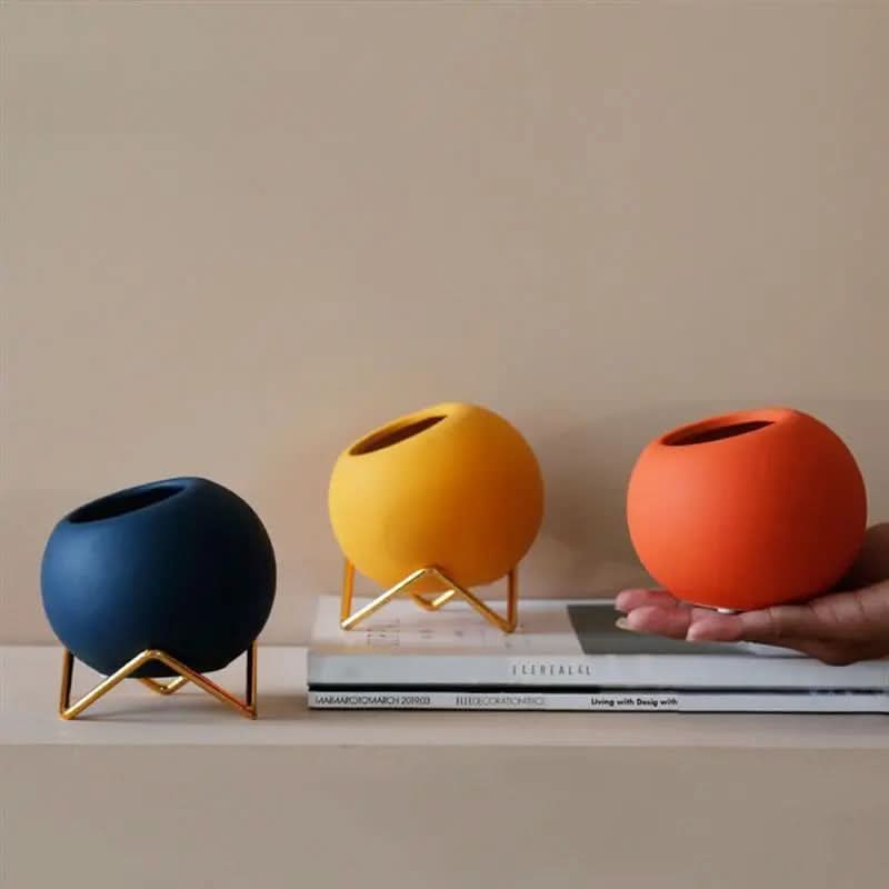 Modern Ceramic Plant Pot with Metal Stand in Vibrant Colors