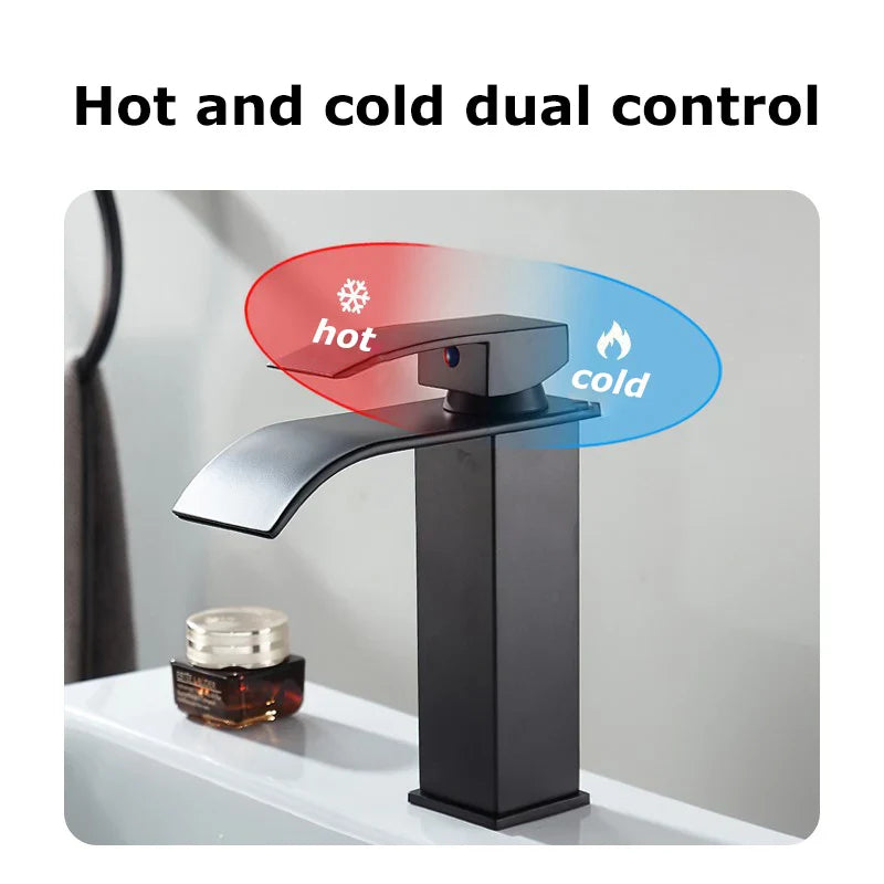 Waterfall Vanity Tap Aqualis Noir | Stainless Steel | Hot & Cold Water | For Bathroom & Guest Toilet
