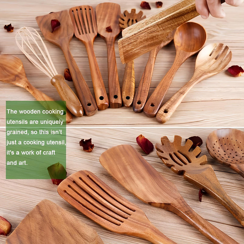 11-Piece Kitchen Utensil Set Made of Teak – Including Holder – Natural Look for the Kitchen