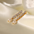18k Dainty Diamond Tassel Pearl Dangle Earrings