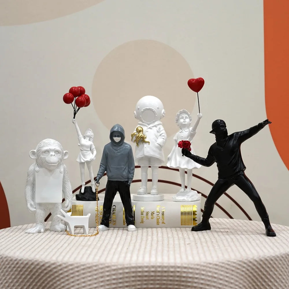 Dropshipping Banksy Sculpture Collection Flower Thrower Statue Pop Art Modern Balloon Girl Figurine Office Home Decoration