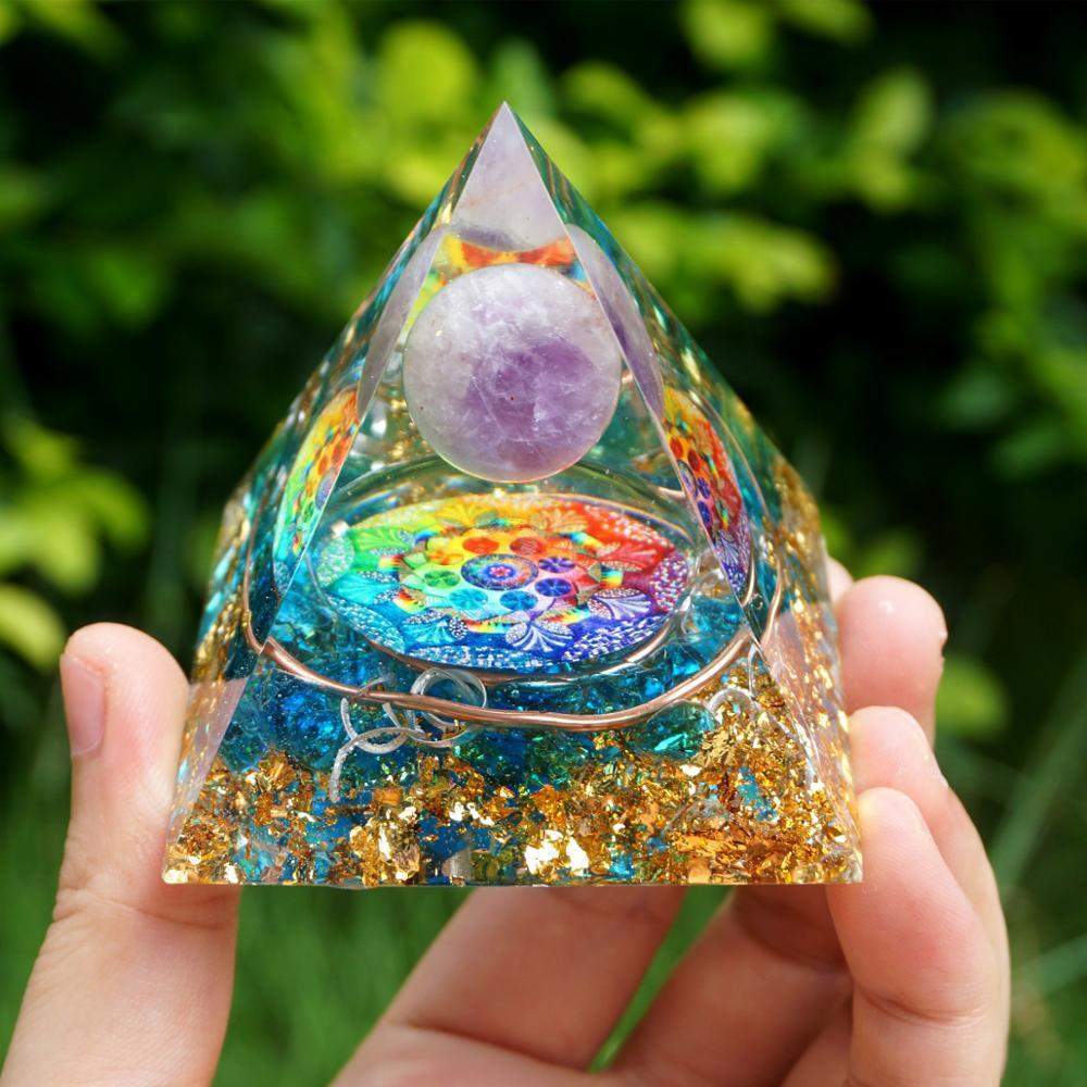 Amethyst crystal ball with blue quartz orgone pyramid