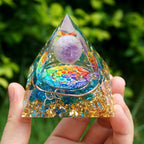 Amethyst crystal ball with blue quartz orgone pyramid