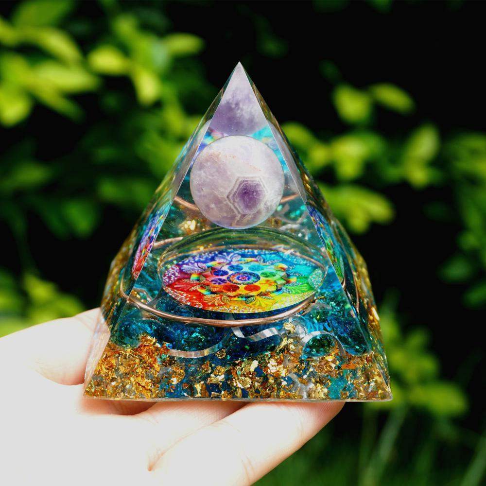 Amethyst crystal ball with blue quartz orgone pyramid