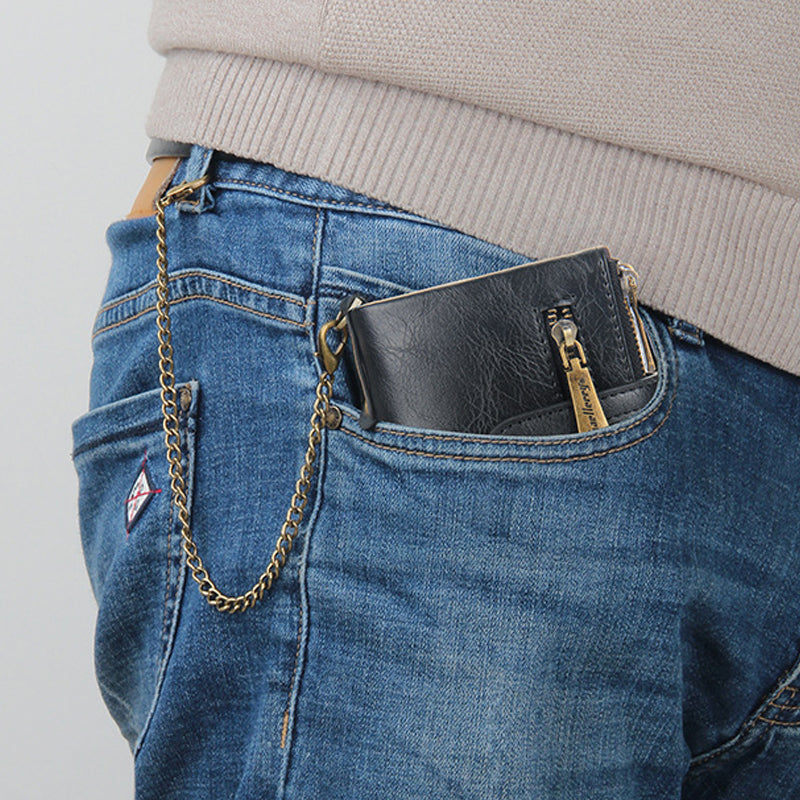 Men's RFID Wallet with Chain, Retro Bifold Card Holder Wallet